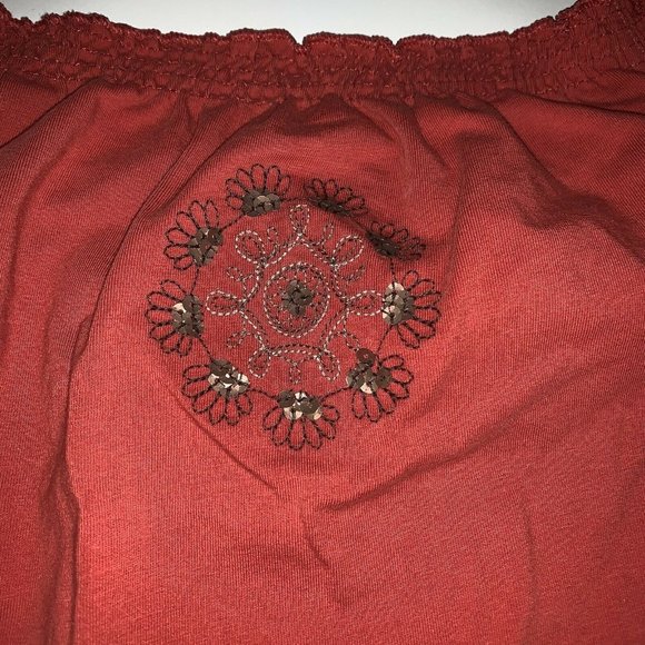 Croft & Barrow Womens Boho Top Size L Rust Embroidered Sequins Beads Elastic - Picture 5 of 7